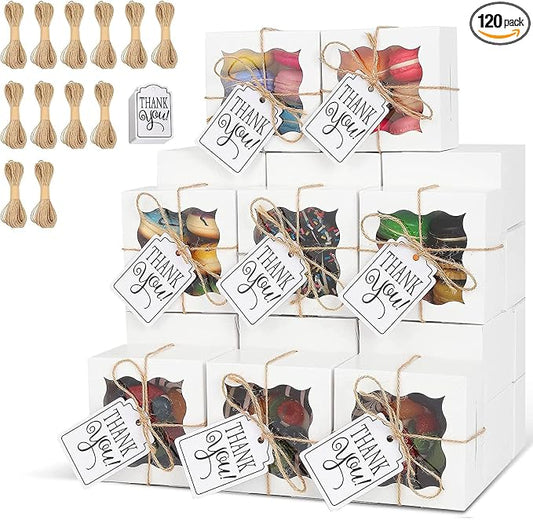 KPOSIYA 120 Pcs White Bakery Boxes with Window Individual Cupcake Boxes 4x4x2.5 Inches Cookie Boxes Kraft Paper Brown Gift Box for Pastries, Cookies, Pie, Donuts, Macaroon