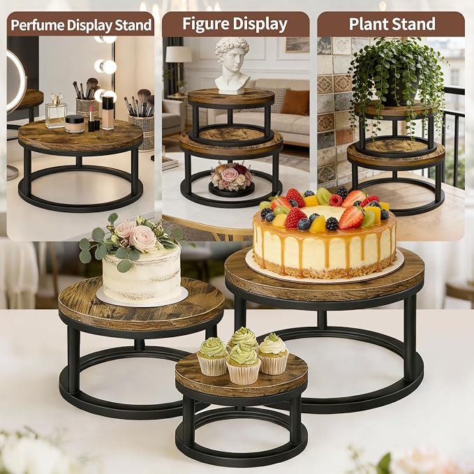 Cake Stand Set, 3 Packs Round Cupcake Stand Cake Pedestal Stand (8"/10"/12" Plate) Industrial Rustic Wood Rustic Dessert Table Display Stand Set Serving Tray for Party, Wedding, Birthday, Baby Shower