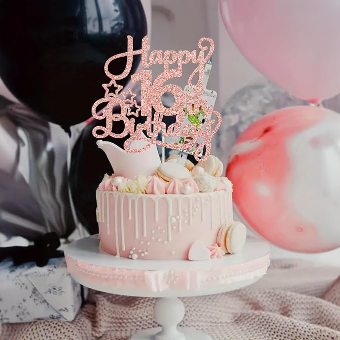 1 Pack Happy 16th Birthday Cake Topper Glitter Sweet 16 Cake Pick Birthday 16th Birthday Cake Decorations for Children 16th Theme Party Supplies Rose Gold