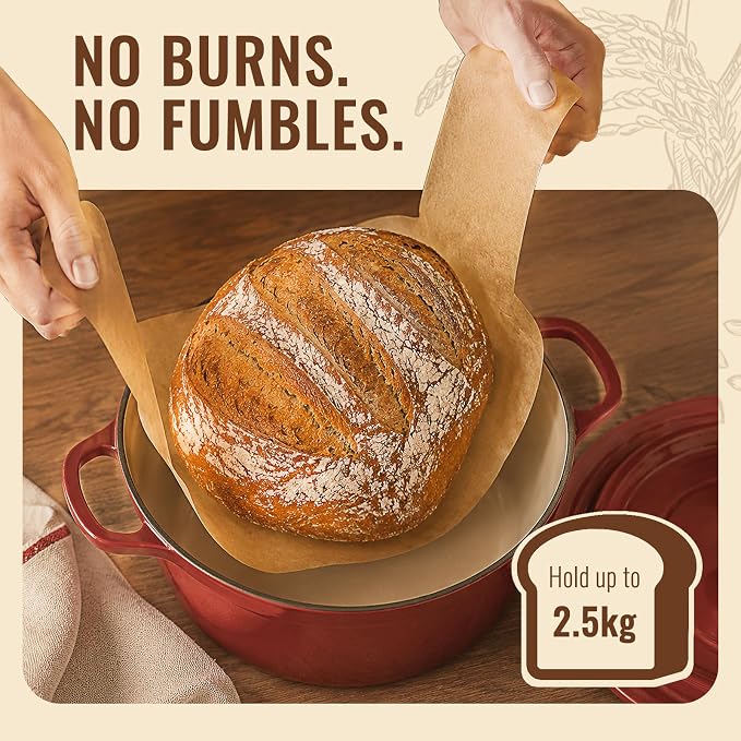 Parchment Bread Sling for Dutch Oven, BlissBoard Disposable Bread Baking Mat with Long Handles, 50 Pcs Unbleached Parchment Paper for Air Fryer, Sourdough Transfer