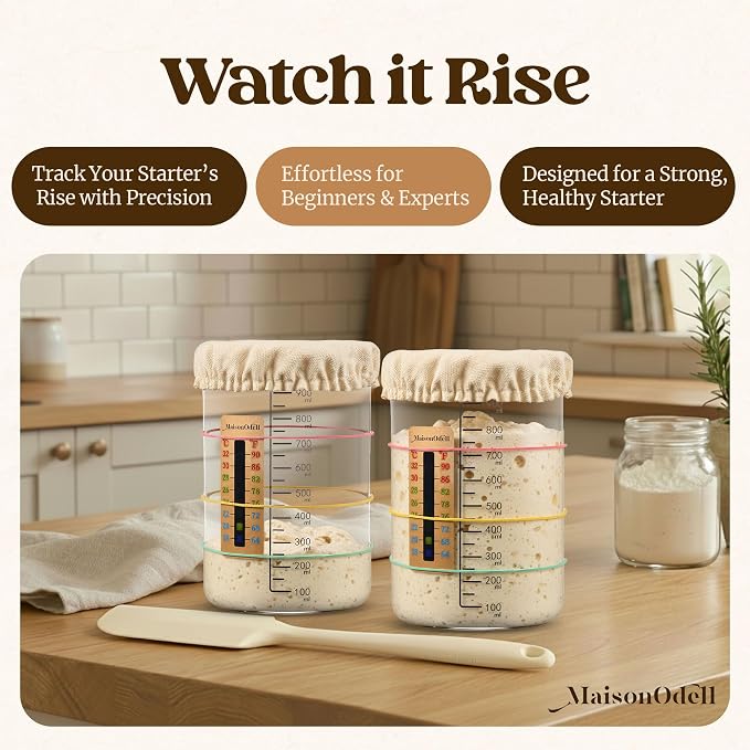 Sourdough Starter Kit – 2 Fermentation Glass Jars with Lids, Linen Covers, Spatula and Thermometer