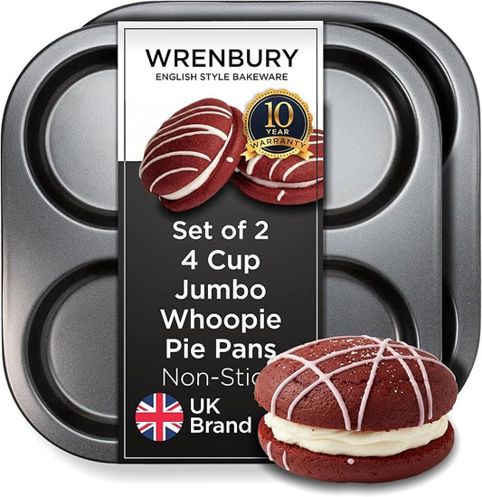 Wrenbury Nonstick Whoopie Pie Pan 4 Cup Set of 2 - Jumbo Carbon Steel Shallow Baking Tray for Muffin Top Macarons Cookies Yorkshire Puddings Cornbread & Burger Buns