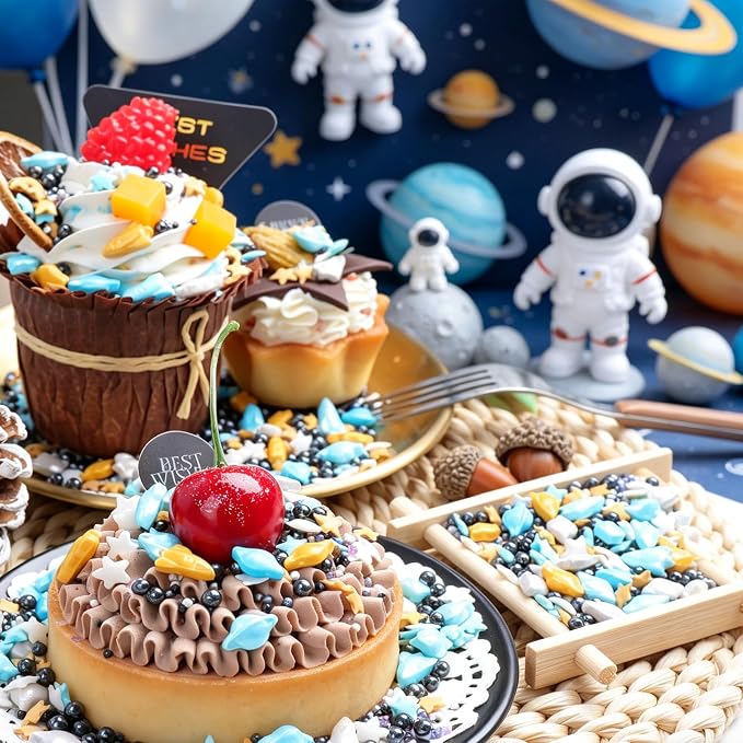 Space themed Sprinkles for Cake Decorating, Rocket, Planet, Star & Pearl Sugar Mix for Baking Cupcakes, Cookies, Donuts & Ice Cream, Birthday Party Supllies