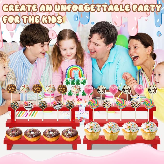 Wood Cake Pop Stands, 3 Tier Lollipop Holders with Twist Ties Lollipop Sticks, Sucker Display Riser for Dessert Table of Wedding Birthday Party (Red-2P-17 Hole)