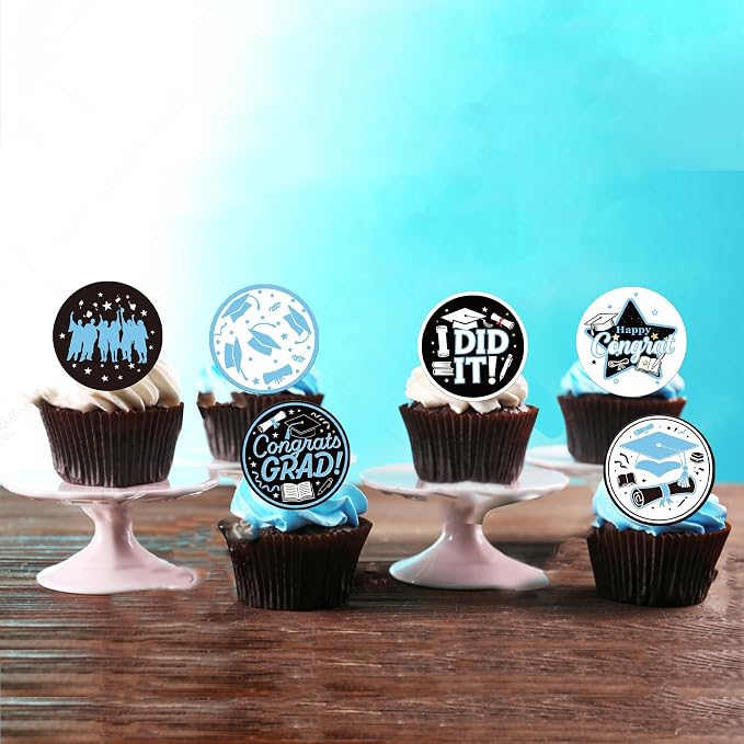 63 PCS Edible 2026 Graduation Cupcake Toppers Wafer Paper Class of 2026 Cake Decorations Edible Diploma Congrats Grad Cap Cupcake Picks for 2026 Colleage Graduation Theme Party Supplies Light Blue