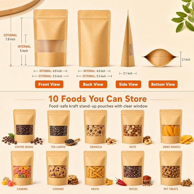 100 Pcs Kraft Paper Bags with Window, 5.5" x 7.9" Stand Up Pouches Bags, Food Storage Bags for Packaging Products, Reusable, Sealable