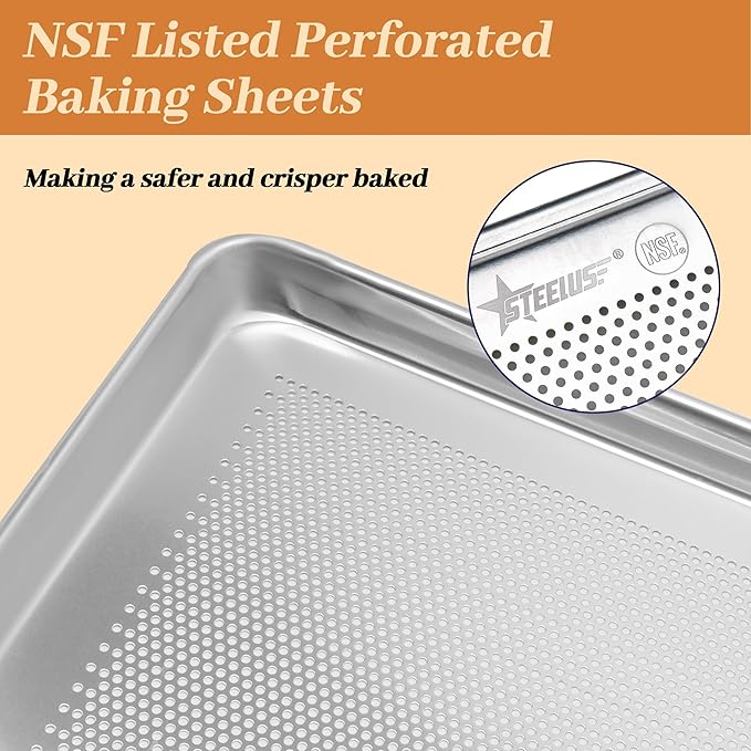 6 Pack Perforated Half Size Aluminum Baking Sheet Pans, 18"x13" | NSF, commercial cookie sheets, rolled rim baking pan, for roasting, freezer, bakery, oven safe up to 500℉