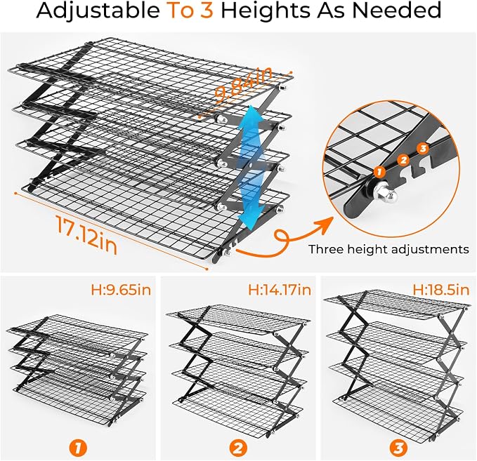 4-Tier Collapsible Cooling Rack with Adjustable 3 Setting, Wire Cooling Roasting Cooking Baking Drying Rack for Cookies Bread Turkey, Candy, Fruit, Snacks