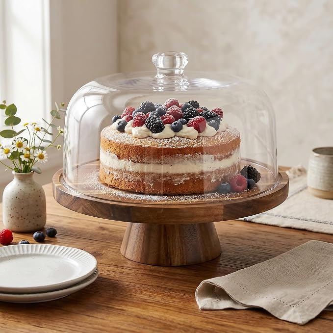 Acacia Wood Cake Stand with Lid - 11.4” Wooden Cake Stand with Dome & Magnetic Base, Cupcake Stand for Birthday Parties & Gatherings, Premium Clear Acrylic Lid for Dessert Display(Magnetic)