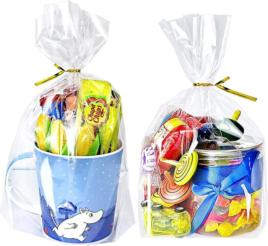 PigPotParty Cellophane Bags 8x11 Inch,100 Pack Clear Plastic Gift Bags with Bottom Gusset for Stand-Up Display, Medium Cello Gift Wrap for Goodies, Treats, Party Favors, Mugs, Includes 100 Gold Ties