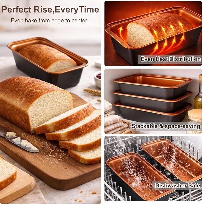 3-Pack 9x4 Inch Nonstick Loaf Pans, Carbon Steel Bread Pans for Baking Banana Bread & Sourdough, Even Heating, Easy Release, Oven Safe to 450°F, PFOA Free