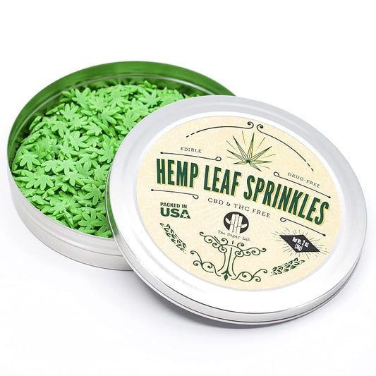The Sugar Lab Hemp Leaf Sprinkles - Edible Marijuana Party Decorations - CBD & THC Free - Cake Decor & Ice Cream Topping - For 420 Cupcakes - Pot Leaf Sugar Sprinkles - 2oz - Sold in a Bud Tin