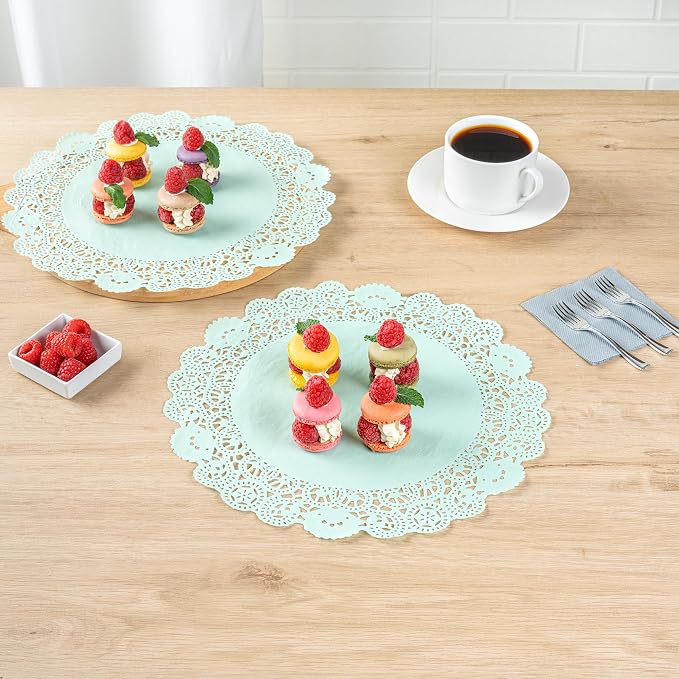 Pastry Tek 12 x 12 Inch Paper Lace Doilies, 100 Disposable Table Doilies - Elegant Lace Finish, Long Lasting, Teal Paper Doily, for Pastries, Cupcakes, Desserts - Restaurantware
