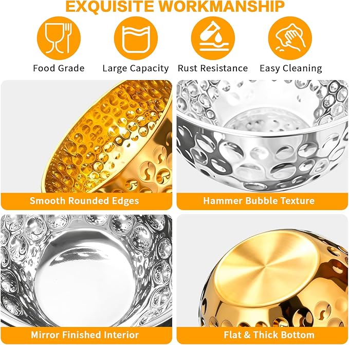 5-Piece Multicolor Stainless Steel Mixing Bowls (4.9/4.2/3.2/2.1/1.6QT), Hammered Design Nesting Metal Mixing Bowl Set for Kitchen, Baking, Cooking, Salad and Home Decor, Dishwasher Safe