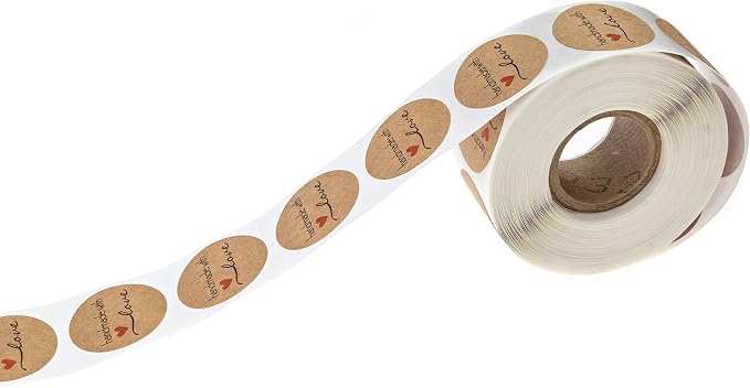 1" Small Round Brown Kraft Handmade with Love Stickers / 500 Small Business Craft Label Roll/Made in The USA