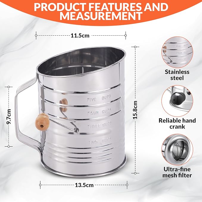 Flour Sifter For Baking, Fine Mesh Hand Crank Flour Sifter With 2 Wire Agitator Loop for Baking Stainless Steel Sifter Powdered Sugar, Large Flour Sifter, Tools (5 Cup Wooden)