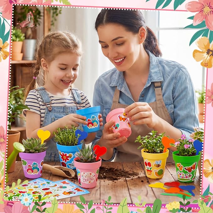 100 Sets Garden Pot Craft Kit, Flower Plant Spring Craft Including Plastic Nursery Plant Pots Labels Tags Stickers for DIY Flower Planting Growing Birthday Arts Kit (Macarons)