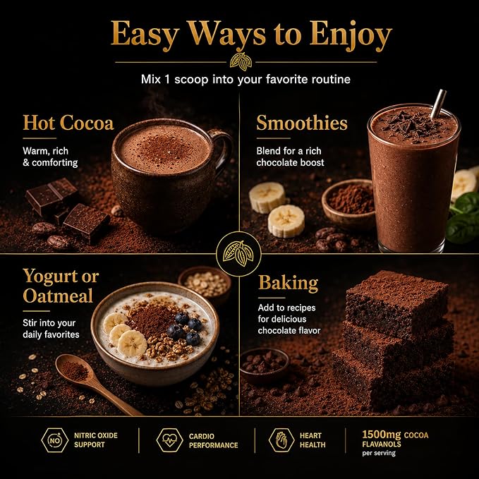 High Flavanol Cocoa Powder, 1500 mg Flavanols & 10X Concentrated Cocoa Extract with 600mg Epicatechin, Supports Heart Health, Nitric Oxide & Energy – Used To Relieve Afternoon Fatigue
