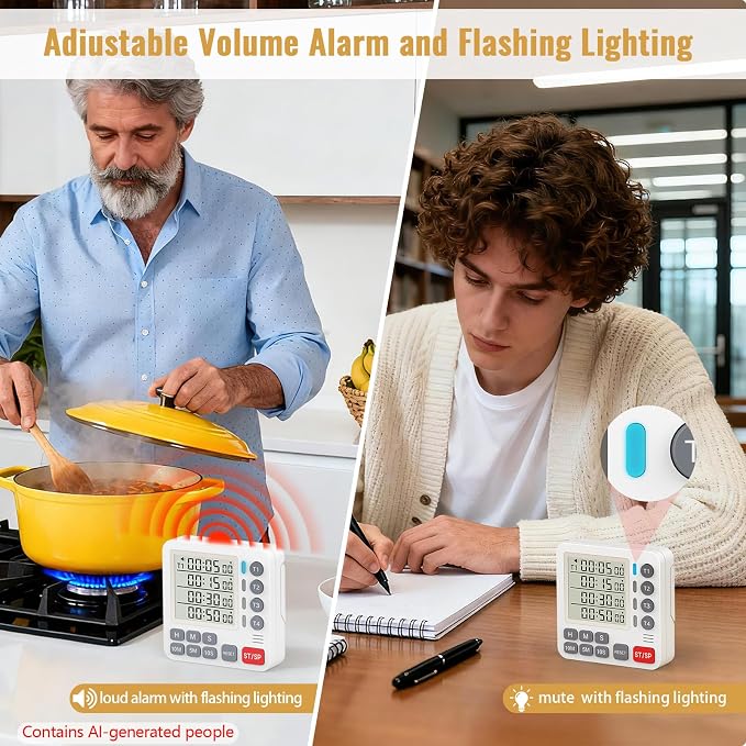 Digital Dual Kitchen Timer, 4 Channels Independent Countdown Timer, Large Display, On/Off, Loud Volume Alarm and Flashing Light with Magnetic Back, Stand, Battery Included (White)