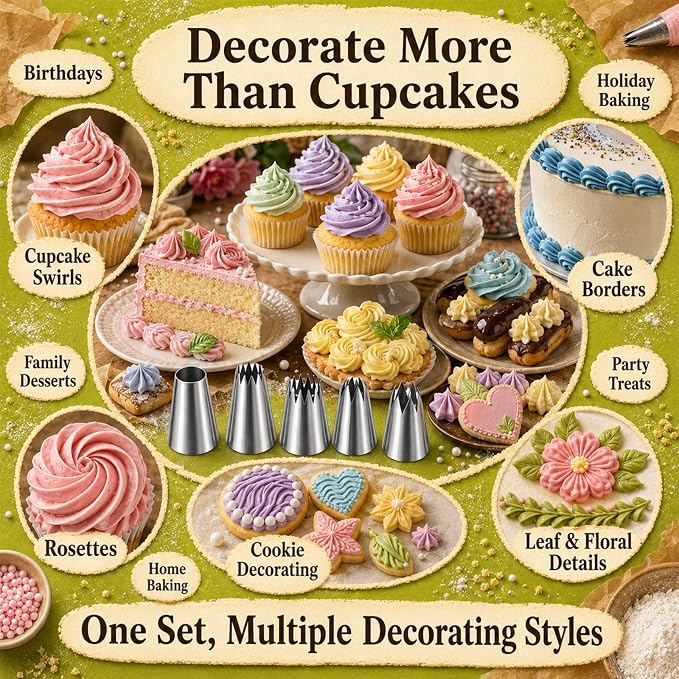 Suuker Large Piping Tips Set, Stainless Steel | 5 Pieces, 1A 1E 1C 9FT 356