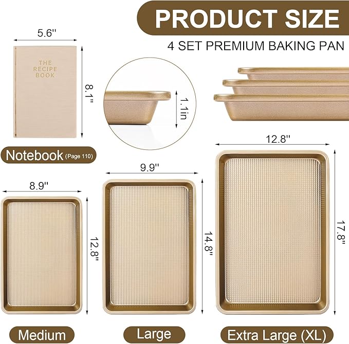 4 Pieces Baking Set | 3 Baking Pans & 1 Recipe Notebook Combo | Nonstick Cookie Sheets for Baking Supplies | No Rust & No Toxic Heavy Duty 3 Baking Trays 18''+15''+13'' & 1 Blank Recipe Book