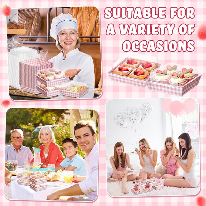 Potchen 100 Pack Pink Plaid Charcuterie Boxes with Clear Lids – Pink ＆ White Bakery Gift Boxes with Window for Cookies, Candy, and Mini Cakes – Ideal for Summer Gift Giving & Bakery Packaging