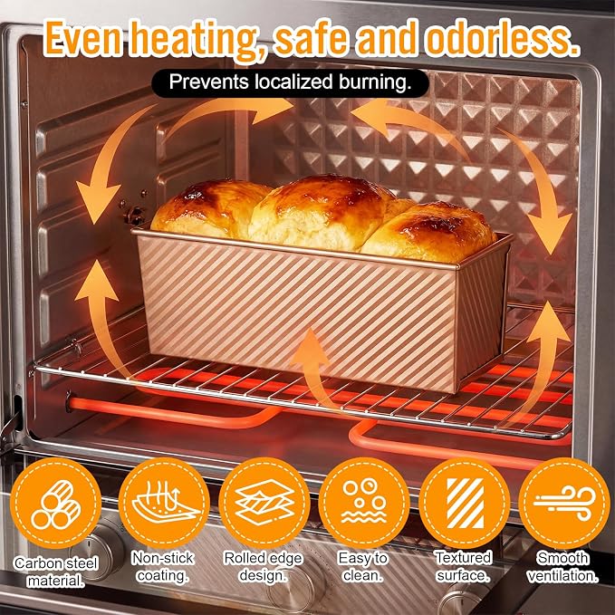 2 Pack Pullman Loaf Pan with Lid and a Silicone Spatula and Basting Pastry Brush, 2.2 LB & 1 LB Dough Capacity, Non-Stick Carbon Steel Bread Pans, Corrugated Toast Mold for Bakeware Toast Oven Baking