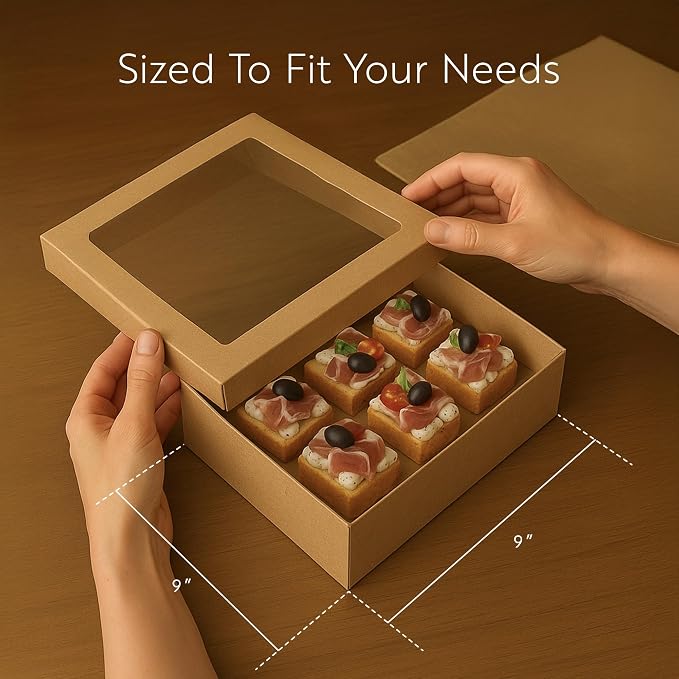 Restaurantware Cater Tek 9 x 9 x 2.4 Inch Catering Boxes 100 Insert Tab Lock Baked Goods Boxes - Window Lids Easy Assembly Kraft Paper Window Pastry Boxes For Charcuterie Or Cupcakes