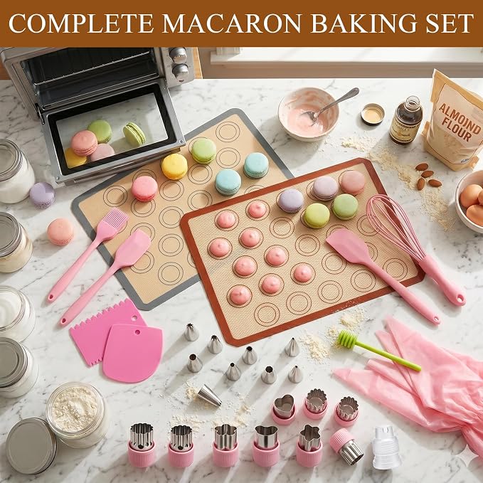 Supkiir 33 Pcs Macaron Silicone Baking Mats Kit, 2 Sheet Nonstick Macaroon Mat Silicone, 2 Piping Pastry Bag, 14 Piping Tip, 2 Coupler, 5 Scraper Set, 1 Egg Beater, 6 Embossing-Molds Macaron