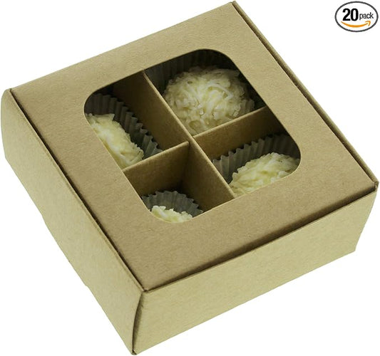 Treat Boxes - 20 ct 3.5 x 3.5 x 1.6 in Bakery Boxes with Windows and Dividers for Candy, Cookies, Cupcakes, or Bakery Desserts - Chocolate, Treats, and Baked Goods Packaging for Gifting