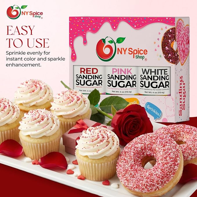 NY Spice Shop Sanding Sugar - 4 Ounce (Pack of 3) Sanding Sugar Red, Pink & White Decorative Sugars for Sweet Treat - Crystals Sugars for Cupcakes Cookies Cakes Dessert Decorating