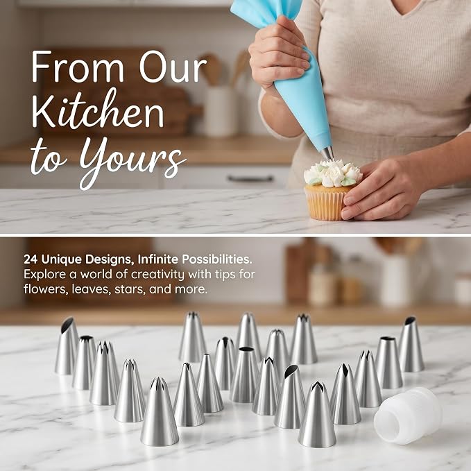 26PCS Cake Decorating Kit, Stainless Steel Piping Tips Set with Reusable Pastry Bag & Coupler, Icing Tips for Cupcake, Baking, DIY Dessert Decorating Tools (Bag Included)