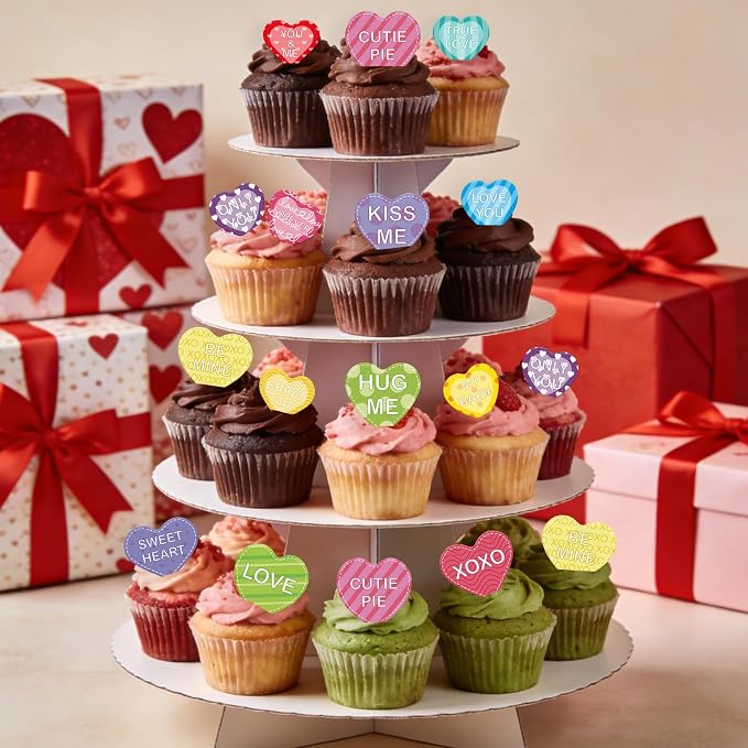 56PCS Edible Heart Cupcake Toppers Wafer Paper Sweet Love Be Mine Kiss Me Heart Cupcake Picks Colorful Heart Cake Decor for Valentine's Day Theme Party Decoration Supplies