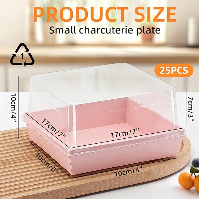 7 x 7 x 4 Inches Clear Cake Boxes for 6 Inch Cake, Paper Charcuterie Boxes with Clear Lids, 25 Pack Disposable Bakery Food Containers Large Dessert, Cupcakes,Pie,Cookies, Cocoa Bomb (Pink)