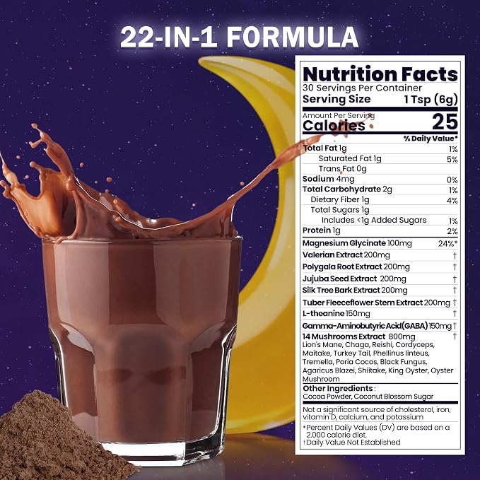Mushroom Hot Cocoa, Melatonin-Free Natural Herbal Sleep Powder with Jujube Seed, Magnesium Glycinate, GABA, L-Theanine & 14 Mushroom Extracts | Calm, Relaxation & Immune | hot chocolate, 30 Servings
