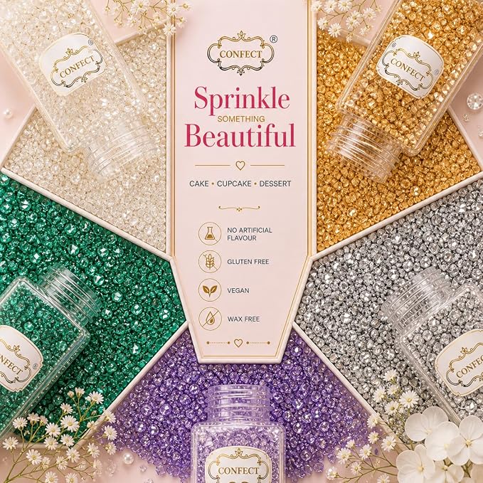 Confect Sprinkle Mix – 5-Pack Assorted Edible Sugar Crystals in White, Green, Purple, Silver & Gold –Alice in Wonderland Sparkling Sugar Sprinkle- Decorative Toppings for Cakes, Cupcakes & Cookies –Vegan, Gluten-Free, Nut-Free, Soy-Free, Dairy-Free, Pa...