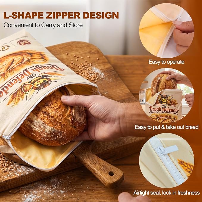 FunMular 2 Pack Reusable Beeswax Bread Bags for Homemade Bread Sourdough - XL Linen Cotton Bees Wax Bread Bags with Wide Sealing Zip to Keep Loaves Fresh Longer