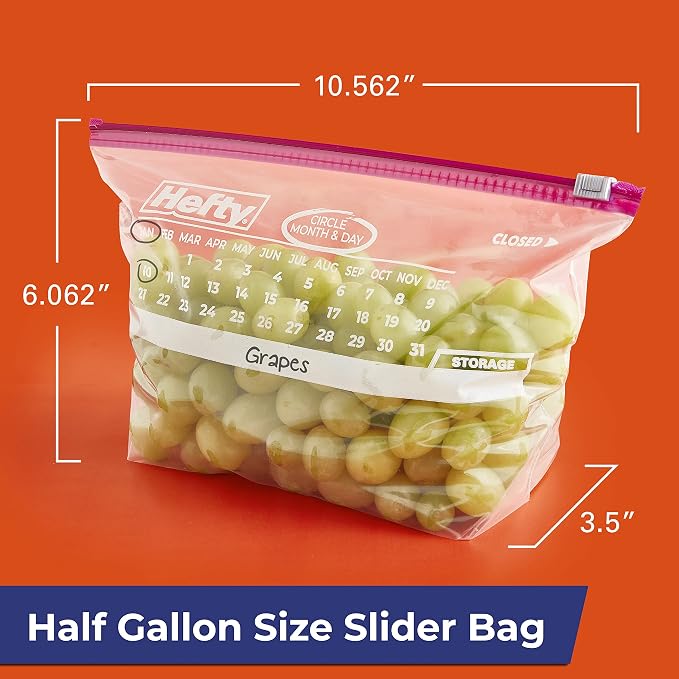 Hefty Calendar Slider Half Gallon Storage Bags, 32 Count (Pack of 4), Half Gallon Slider Bags with Calendar Dates, Holds Raw Meat, Breads, Fruits and Veggies, Zip and Click Closure, 128 Total Count