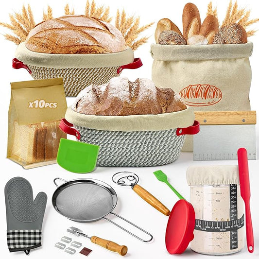 HASHMUST 33 Pcs Sourdough Starter Kit, Sourdough Bread Baking Supplies, 9'' Round & 10" Oval Cotton Rope Banneton Bread Proofing Basket Kit, Beginner Friendly Bread Making Tools with Starter Jar