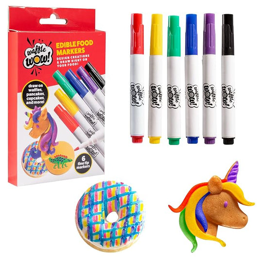 Food Coloring Markers, 6 pc Edible Pen Set for Decorating Drawing & Coloring on Cake Waffles Pancake Cookies Bread & Desserts w Fine Precision Tip, Food Grade Gourmet Writer Decorator