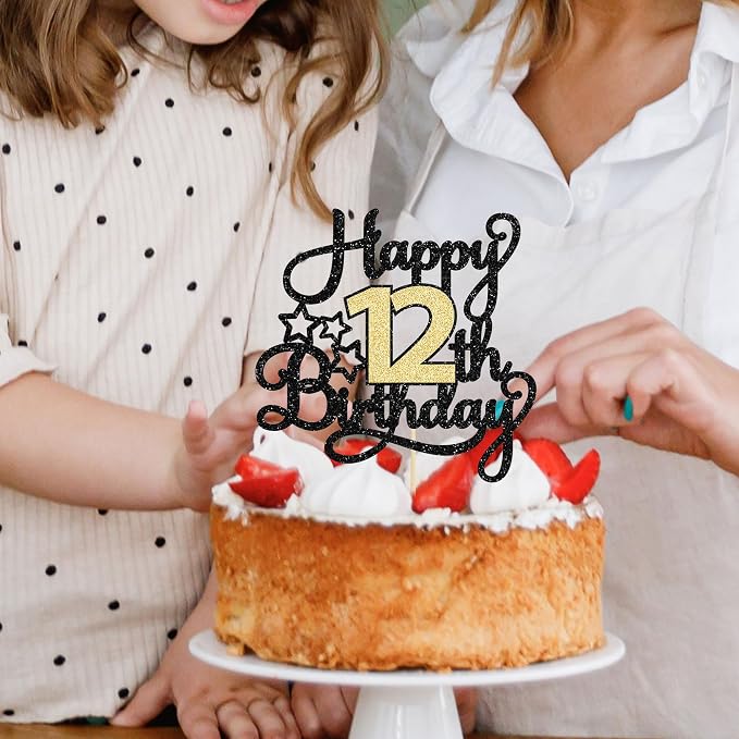 1Pc 12th Happy Birthday Cake Topper Glitter Cheers to 12 Years Cake Pick Happy Birthday Cake Decoration for 12th Anniversary Party Decoration Supplies Black Gold