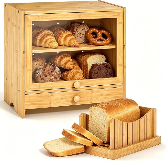 2 Tier Bread Box with Slicer and Cutting Board Extra Large | Bread Storage,Keep Bread Fresh,Natual Bamboo,Large Capacity,Space-Saving,Acrylic Window,For Homemade Bread,Kitchen Storage