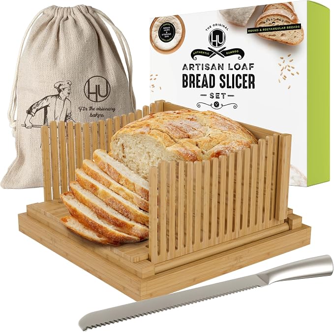 LHU Bamboo Wooden Bread Slicer for Homemade Bread Kit with Adjustable Slicer Guide, 12-Inch Bread Knife and Bread Bag- Rubber Base Grips - Sourdough Bread Cutter, Round Bread Loaf Slicer