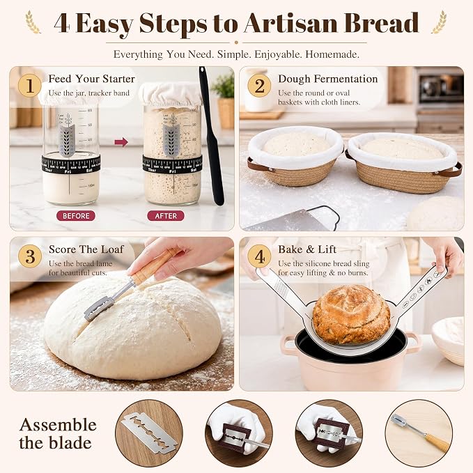 Sourdough Starter Kit with Round & Oval Banneton, Sourdough Bread Baking Supplies, Bread Proofing Basket Set with Glass Starter Jar, Sour Dough Bread Making Tools Kit for Women Mom Wife Beginners