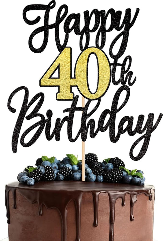 1 PCS Happy 40th Birthday Cake Topper Black Gold Glitter Cheers to 40 Years Birthday Cake Pick 40 Fabulous Cake Decoration for Happy 40th Birthday Anniversary Party Cake Decorations Supplies