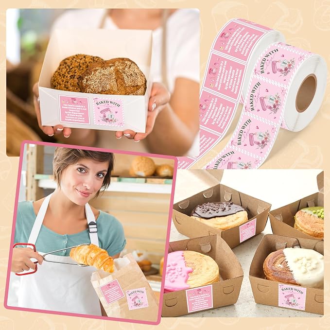 1000 Count Cottage Food Law Labels Stickers Roll Pink Baked with Love Made in a Home Kitchen Inspection Statement Decals DIY Crafts for Homemade Bakery Baked Food Canning Packaging, 1.5 x 1.5 Inch