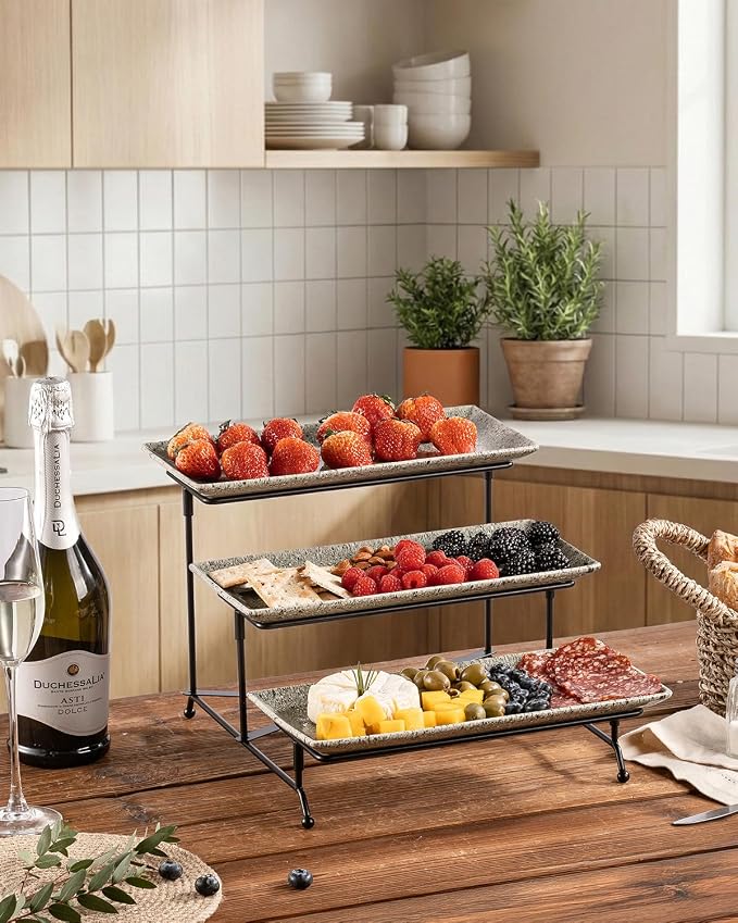 LAUCHUH 3 Tier Serving Tray, Porcelain Serving Platters and Trays for Party 12 Inch Tiered Tray Stand Cupcake Stand with Collapsible Sturdier Rack for Father's Day Serving Food, Speckled Gray