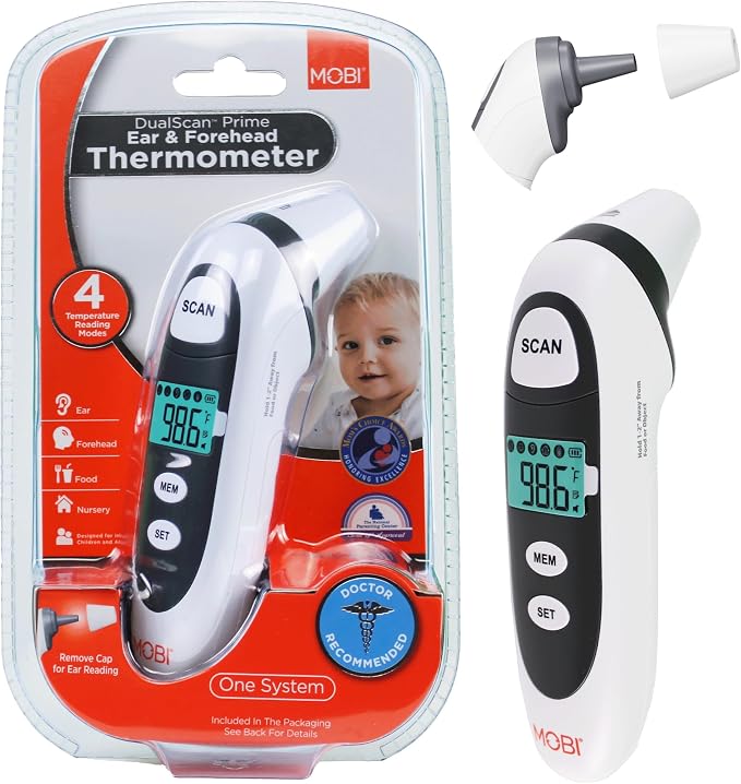 MOBI DualScan Prime Ear & Forehead Thermometer for Baby, Kids & Adults, Digital Infrared, Food & Bottle & Room Mode, 1‑Second Reading, Memory Recall