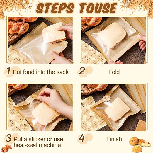Outus 100 Pcs Cookie Packaging Bags with Seal, 7.1 x 7.5 Inch Bakery Pastry Bags with Window, Heat Sealable Grease Resistant Paper to Go Bake Sleeves for Gift Giving Donut Bread Sandwich (Brown)