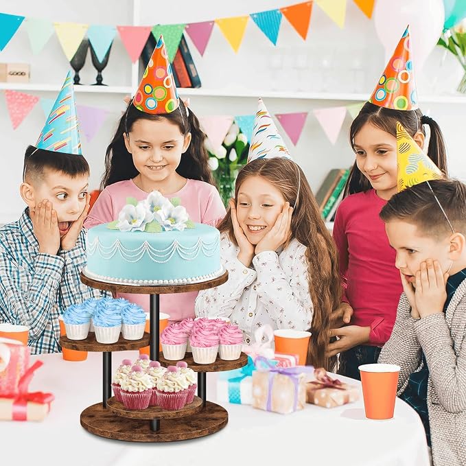 ELITEROO 4 Tier Round Cupcake Tower Stand for 50 Cupcakes, 360° Rotating Wood Cake Stand with Tiered Trays, Farmhouse Cookie Stand for Dessert Table Display for Wedding Birthday Baby Shower Tea Party